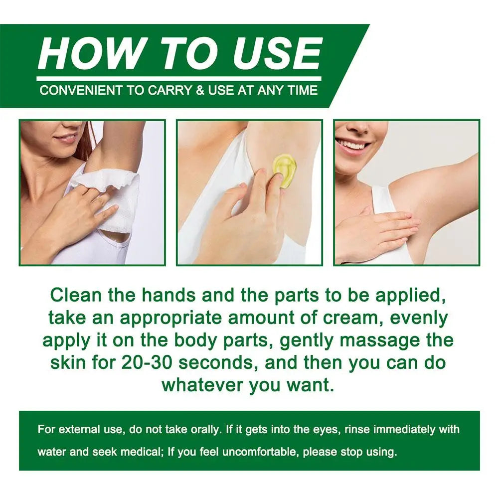 Instructional graphic for natural plant extract underarm deodorant cream showing yellow, smooth texture application.