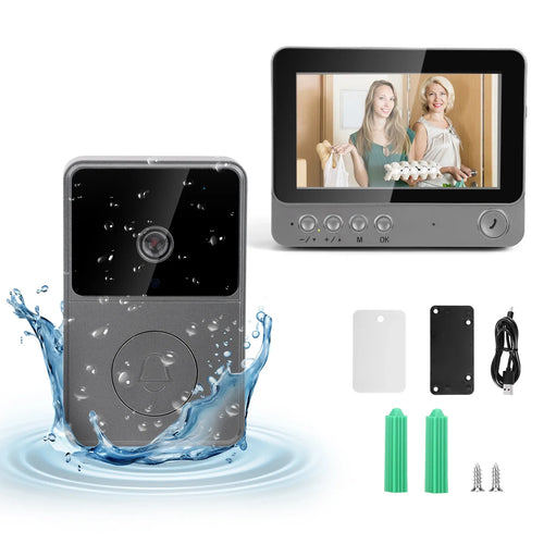Gray video doorbell monitor and doorbell camera unit with mounting accessories