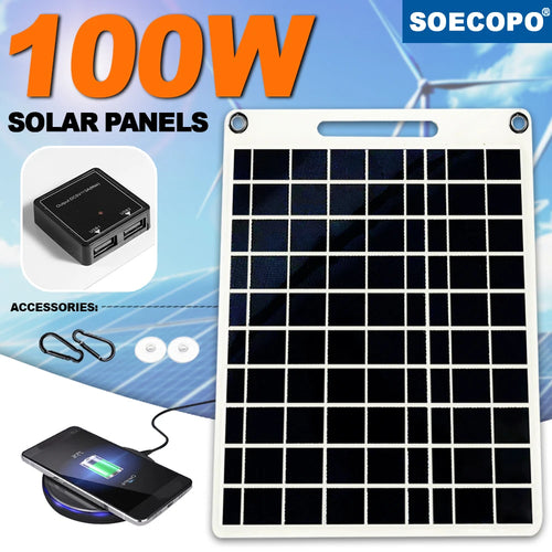 100W portable solar panel with a dual-port USB hub, carabiners, suction cups, and a phone charging on a wireless pad.