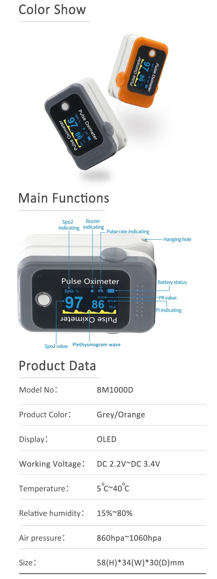 BERRY OLED Finger Oximeter Blood Oxygen Pediatric Oximeters Fingertip Portable Oximeters Saturation Meter Heart Rate Monitor