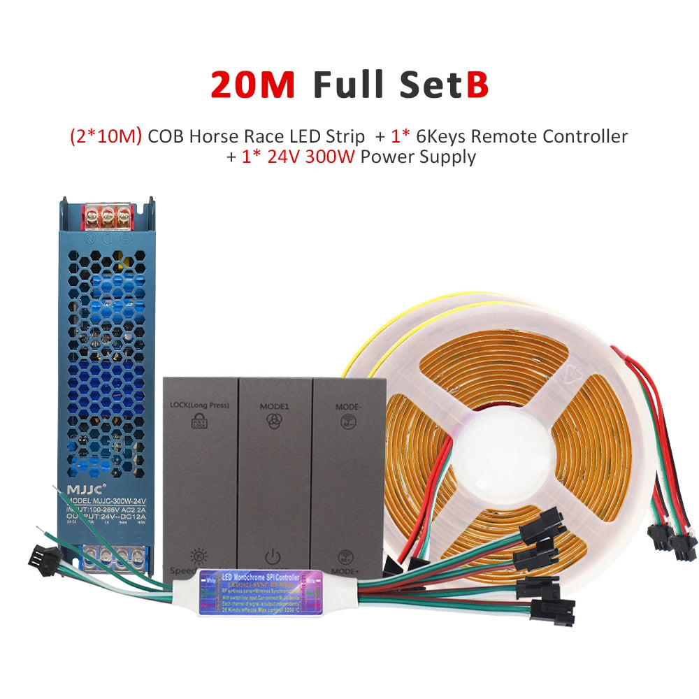 24V COB LED strip kit with controller, power supply, and ribbon leads