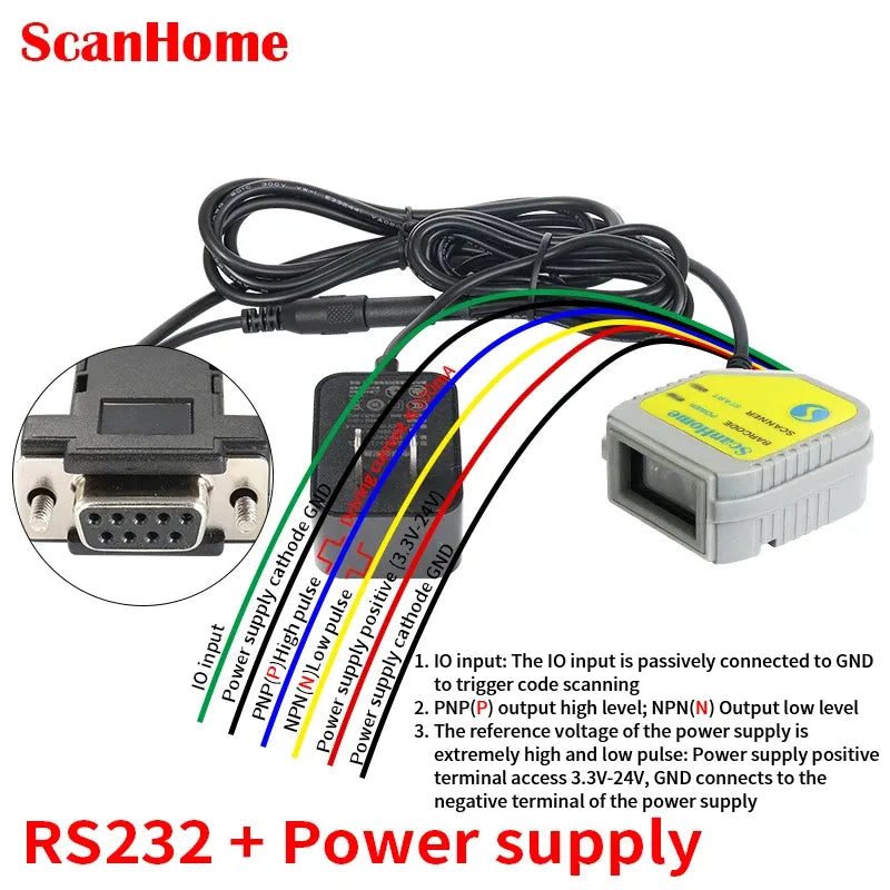 ScanHome fixed-mount barcode scanner with RS232 connector and multi-wire harness