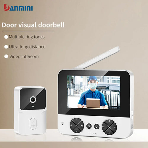Wireless video doorbell monitor with attached outdoor camera, white and black design