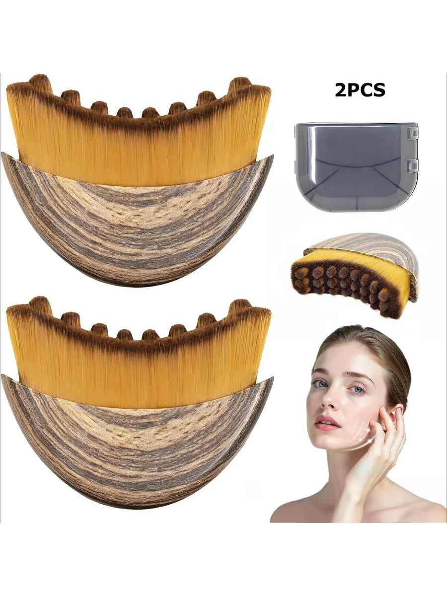 Two curved facial sculpting brushes with wood-grain handles, yellow nylon bristles, a protective cover, and model usage.