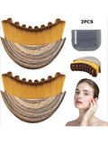 Two curved facial sculpting brushes with wood-grain handles, yellow nylon bristles, a protective cover, and model usage.