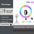 26cm circular RGB LED ring light on a 160cm tripod stand with a smartphone holder and Bluetooth remote shutter.