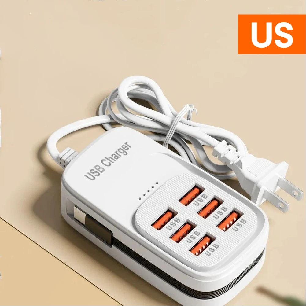 White 6-port USB power strip desktop charger with orange USB slots and wall plug