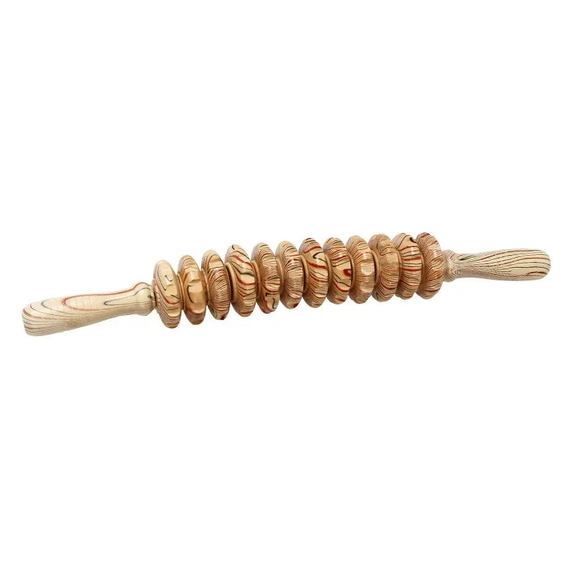 Wooden massage roller with eleven serrated disks and ergonomic handles for muscle relief and body sculpting.