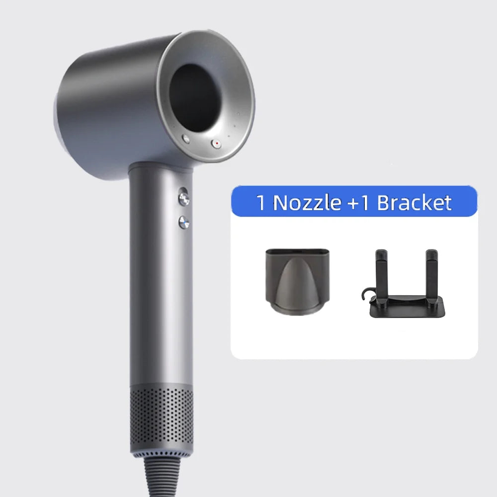 Grey professional leafless hair dryer with nozzle attachment and storage bracket for salon-quality styling.