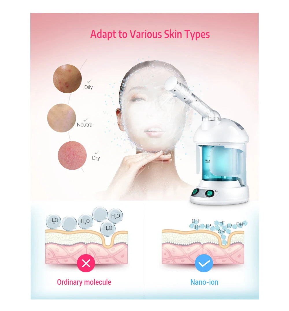White nano-ionic facial steamer for deep pore cleansing, spa skin care, and moisturizing all skin types.