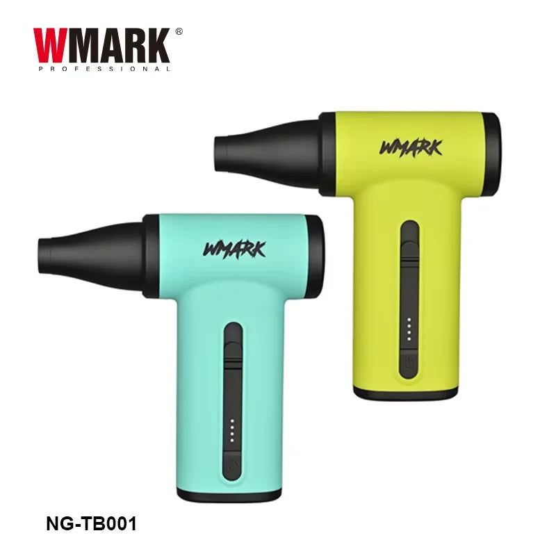 WMARK NG-TB001 professional handheld vacuum hair dryer in lime green and mint, compact portable design with attachments.