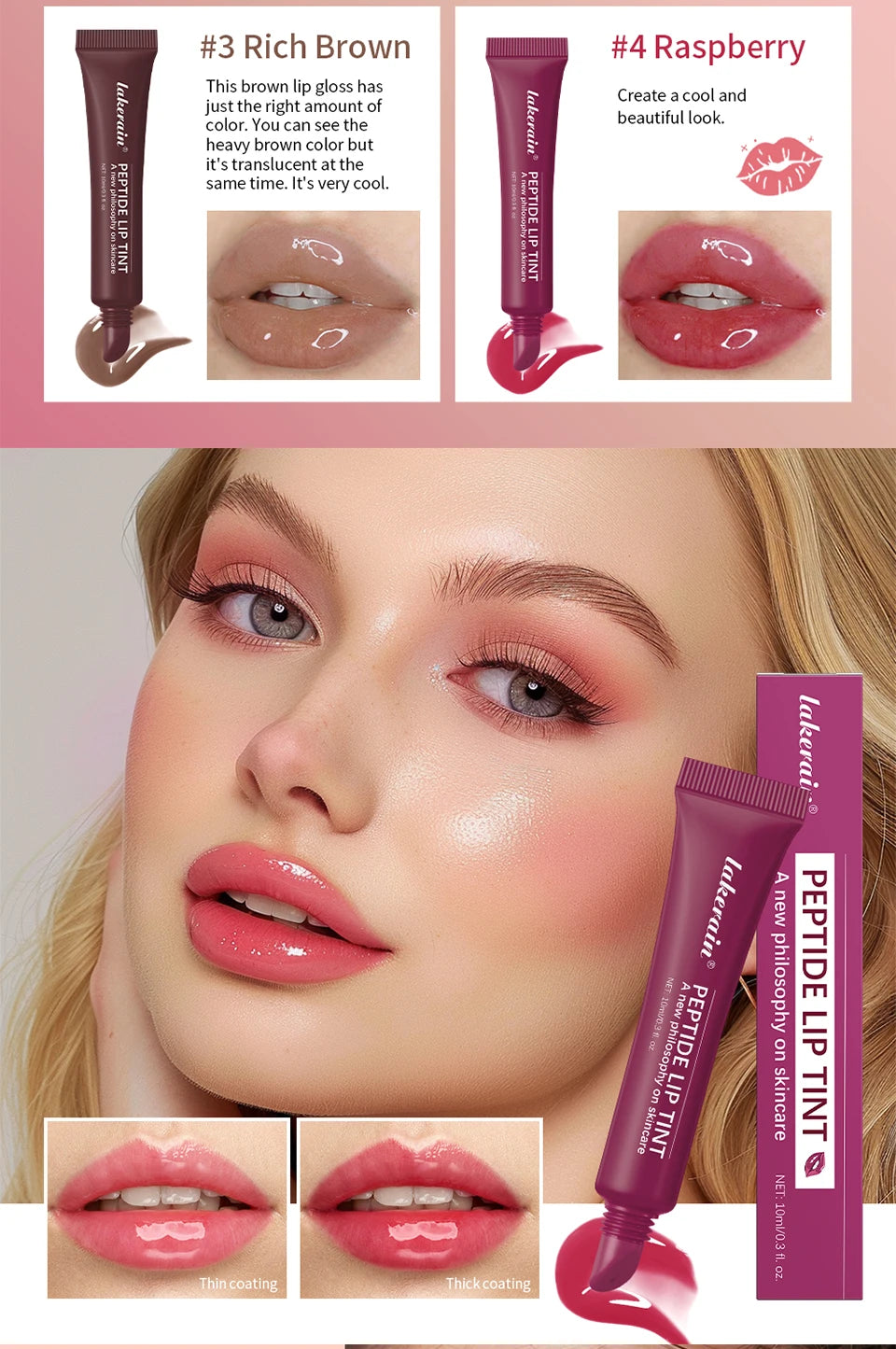 Hydrating plumping lip gloss with high-shine glass finish in rich brown and raspberry nude shades for shiny lips.