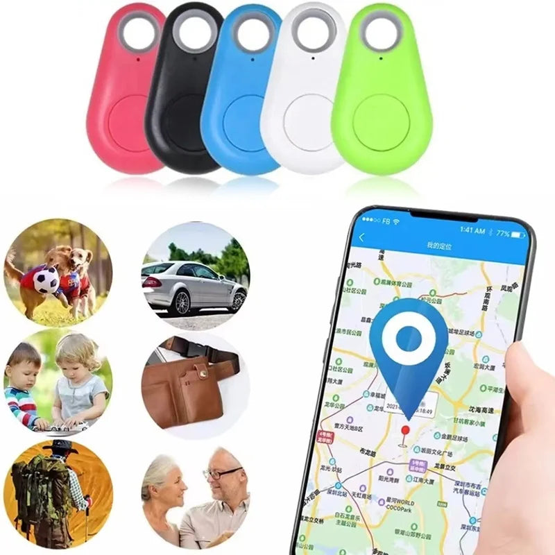 Multi-colored Bluetooth GPS pet trackers and smart tags for real-time location tracking via mobile app.