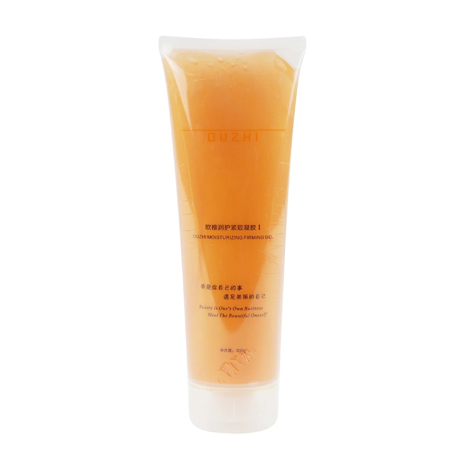Ouzhi Moisturizing Firming Gel in a 300g clear squeeze tube containing amber-colored skincare gel.