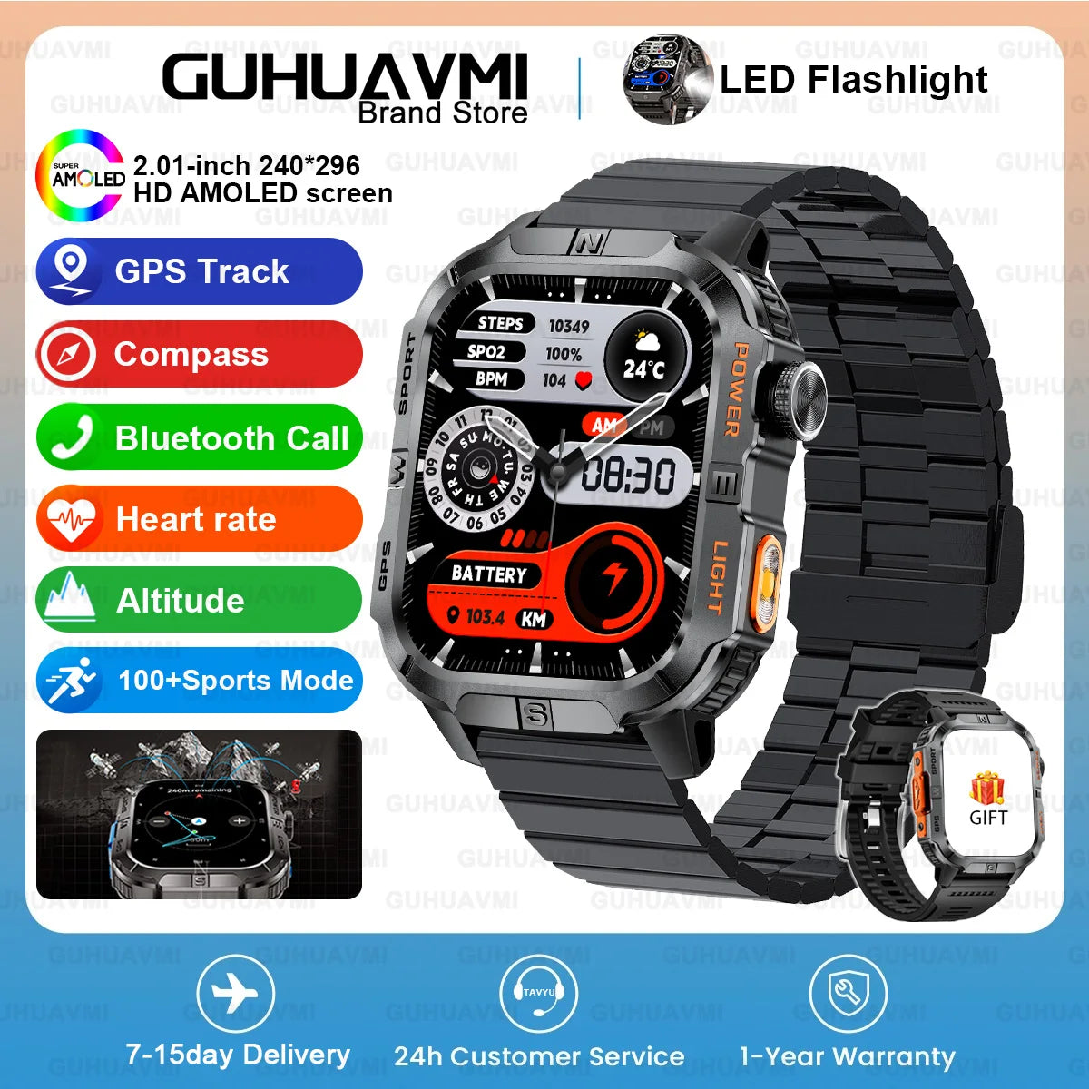2026New Outdoor Military Men's Smartwatch, Equipped With GPS LED Lighting, Compass, Wireless Communication IP68 Waterproof Watch