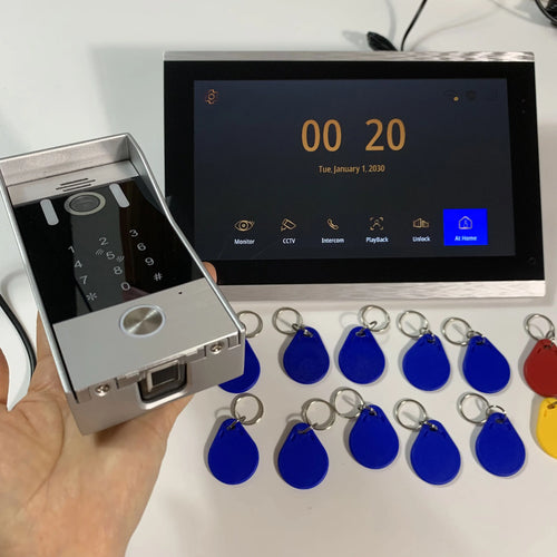 Stainless steel door panel keypad and fingerprint reader with blue key fobs and keys