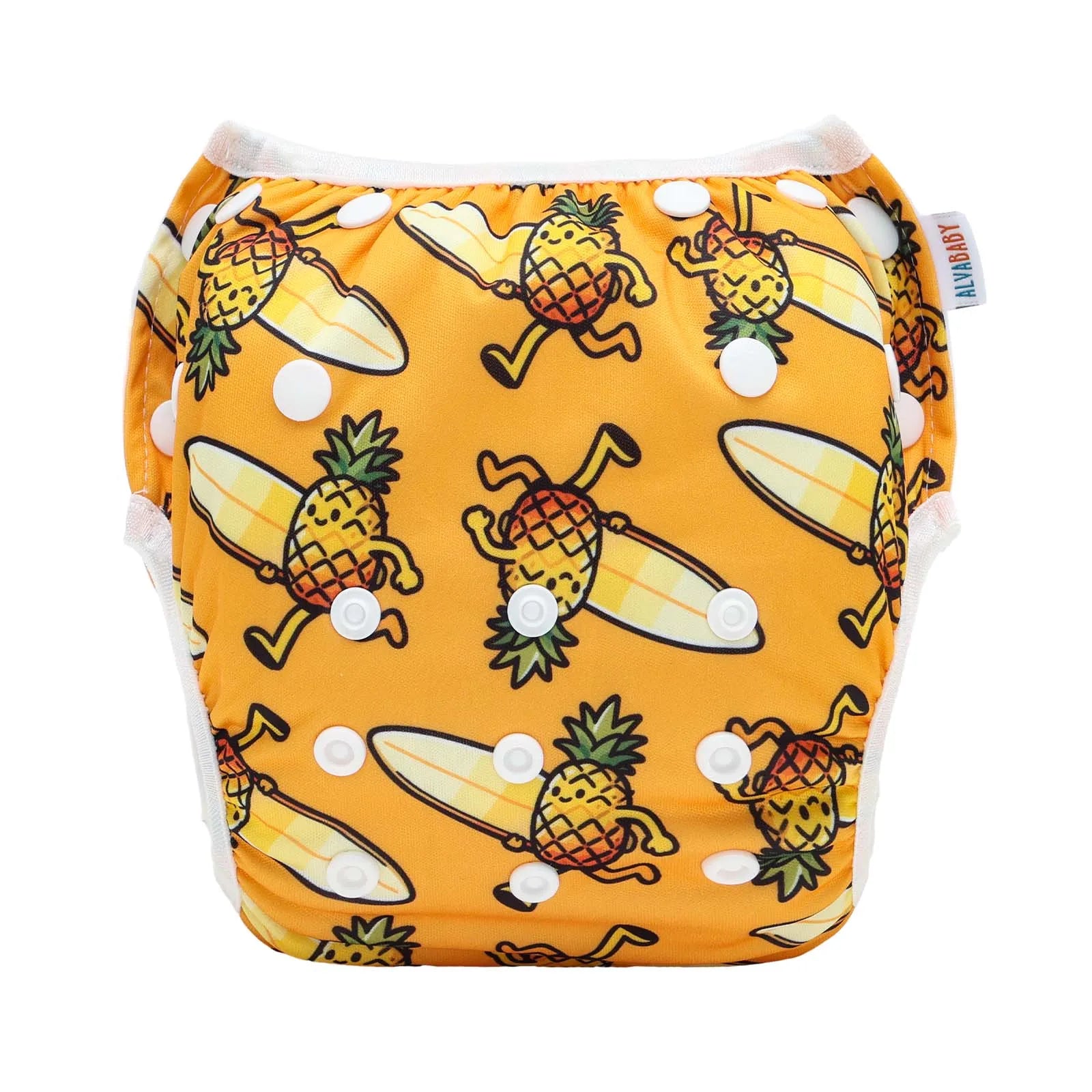 Alvababy reusable cloth diaper in yellow pineapple surfer print, adjustable one-size baby care essential.