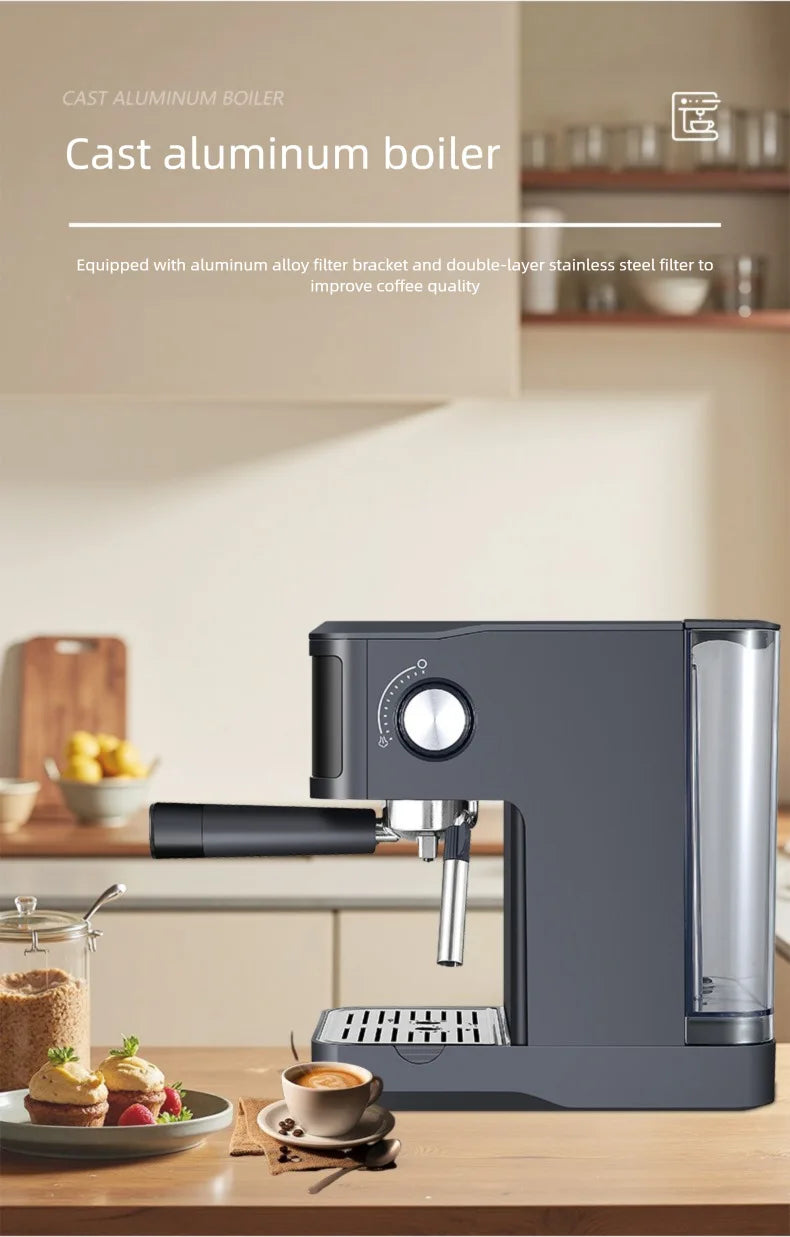 Matte black espresso machine with cast aluminum boiler and stainless steel filter on a kitchen counter.
