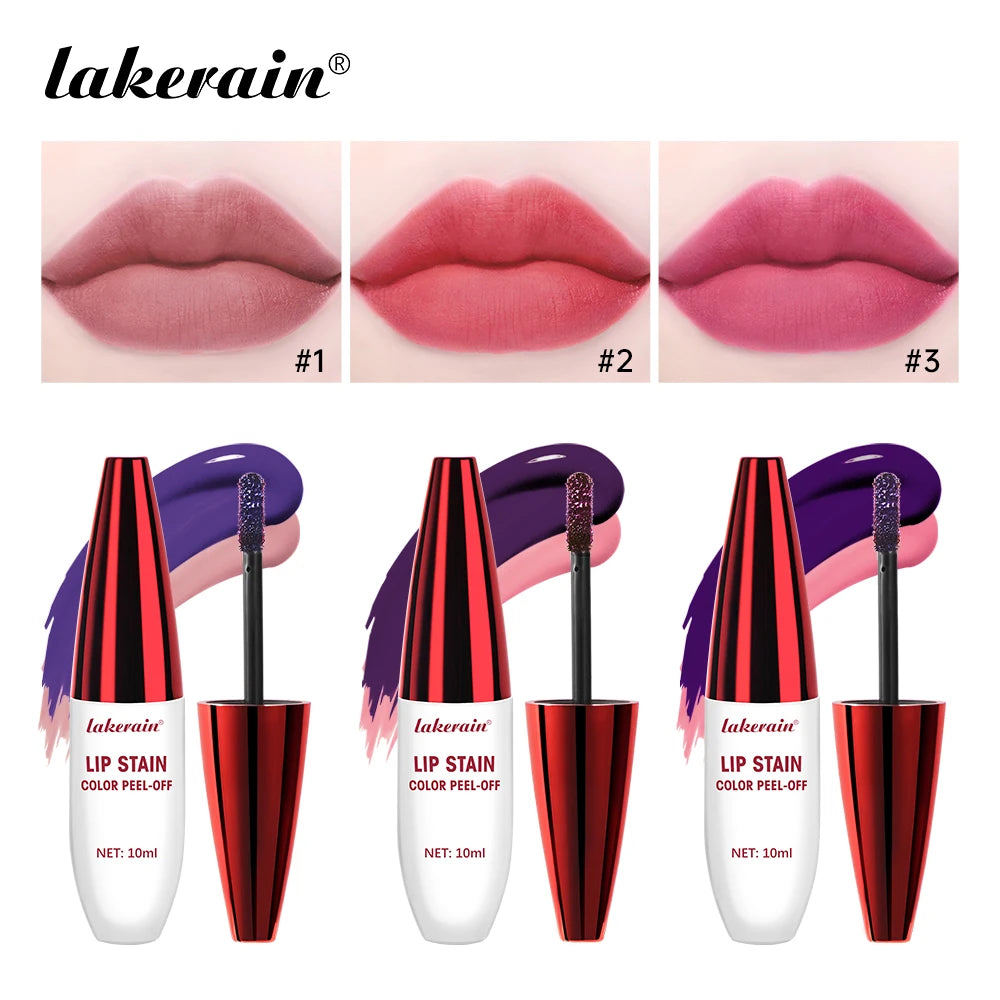 Lakerain peel-off lip stain with matte mist finish, waterproof long-lasting formula in three natural pink-toned shades.