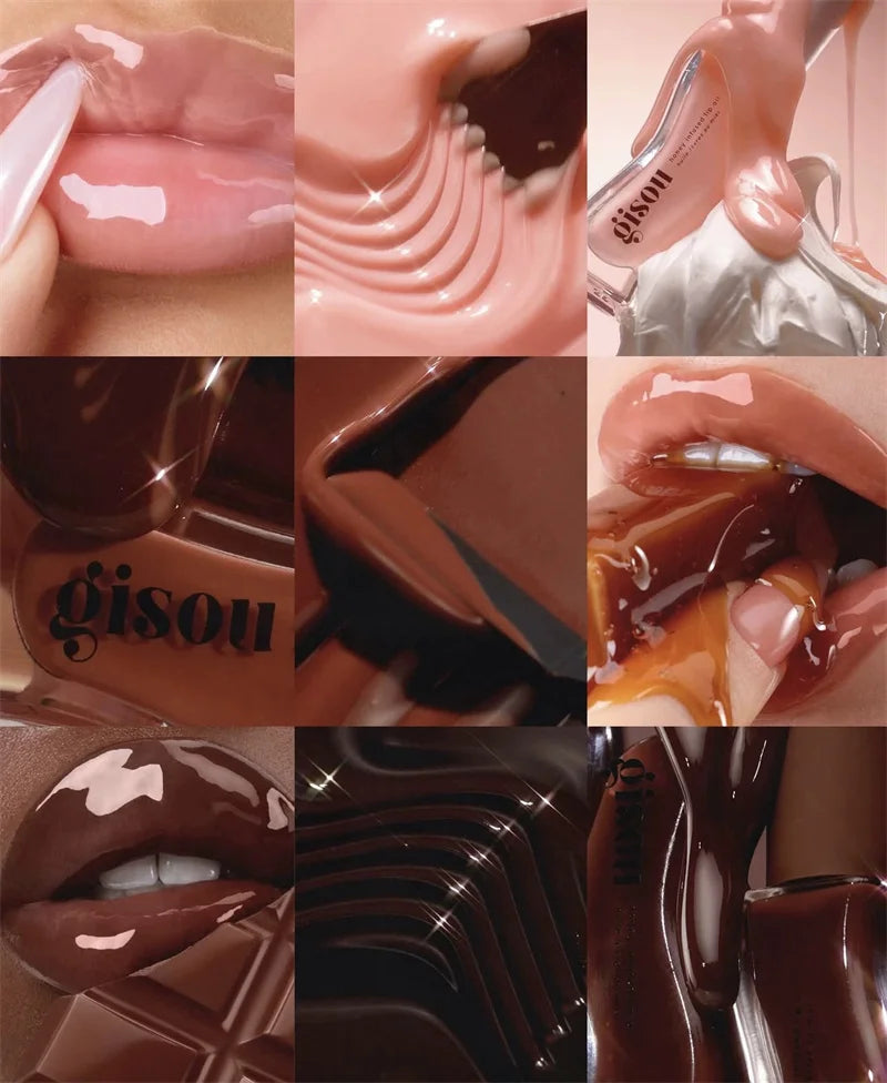 Gisou Honey Infused Lip Oil in Glazed Plum and chocolate shades: high-shine, plumping lip gloss with a rich texture.