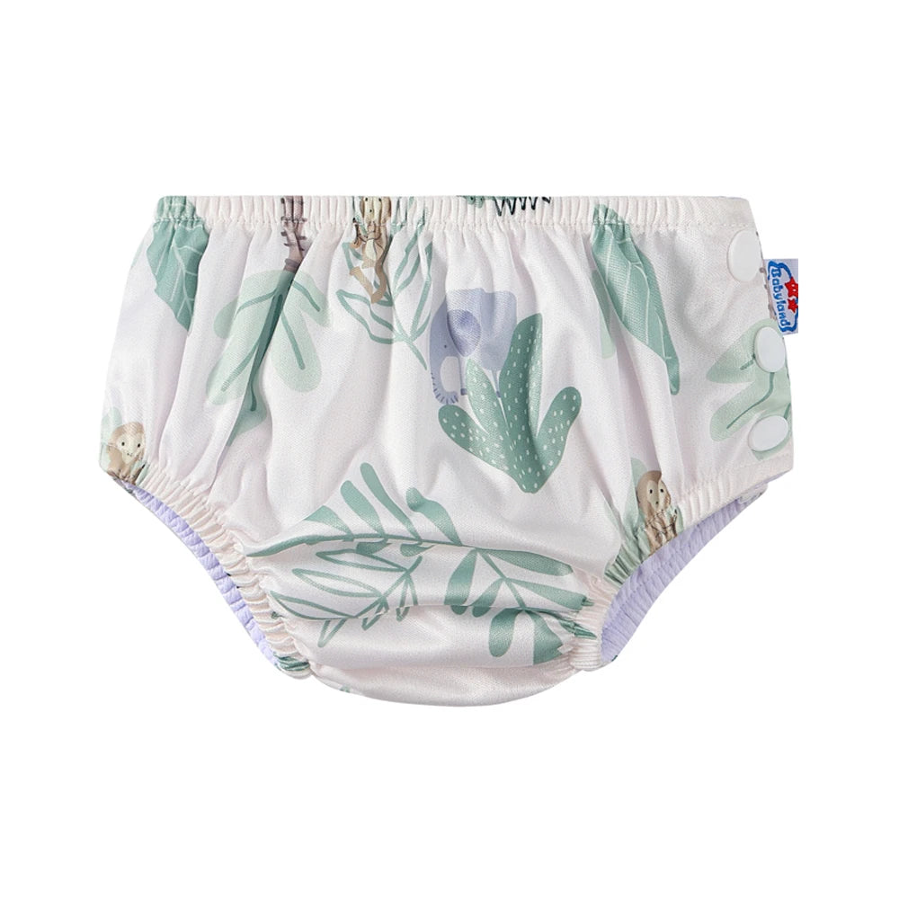 Babyland reusable baby cloth diaper with jungle animal print and side snap buttons.