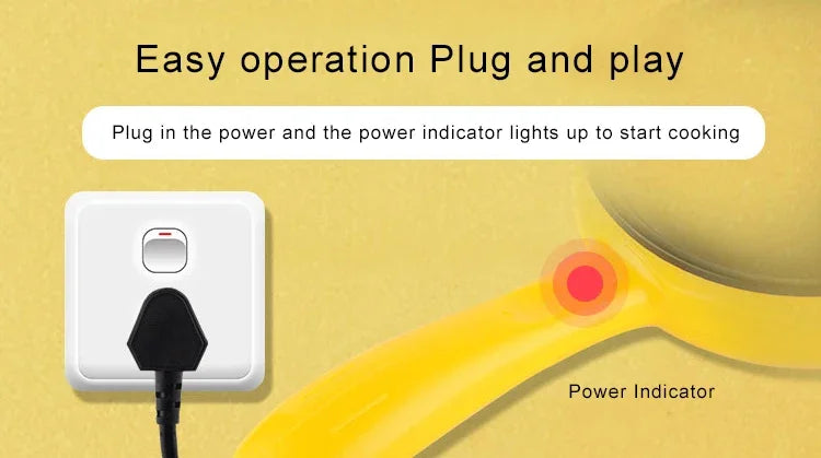Yellow electric egg cooker plug and power indicator light on the base handle