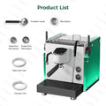 Cafovo commercial espresso machine in white and green with portafilter, filter baskets, and water tubes.