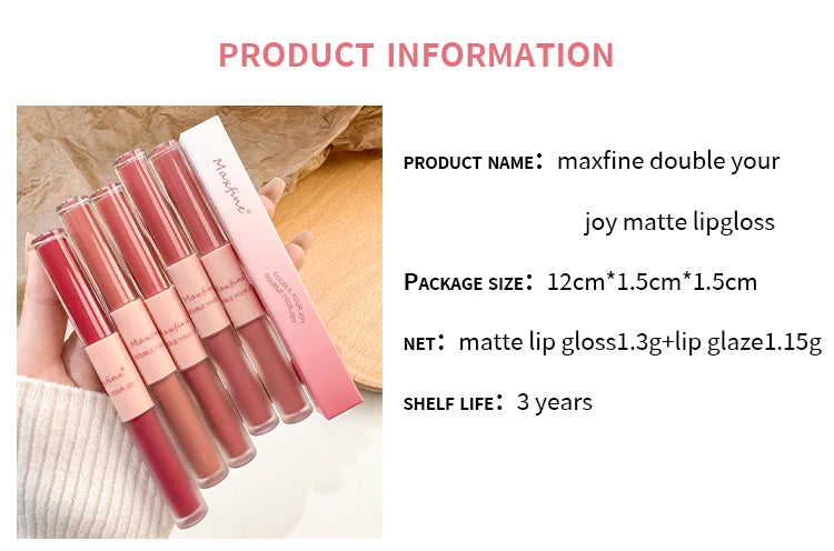 Maxfine double-ended matte and mirror lip gloss set in pink packaging. Waterproof, long-lasting velvet lip makeup.