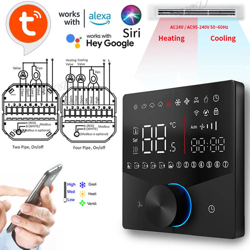 WiFi smart thermostat with black faceplate, blue-ring knob, and illuminated temperature display