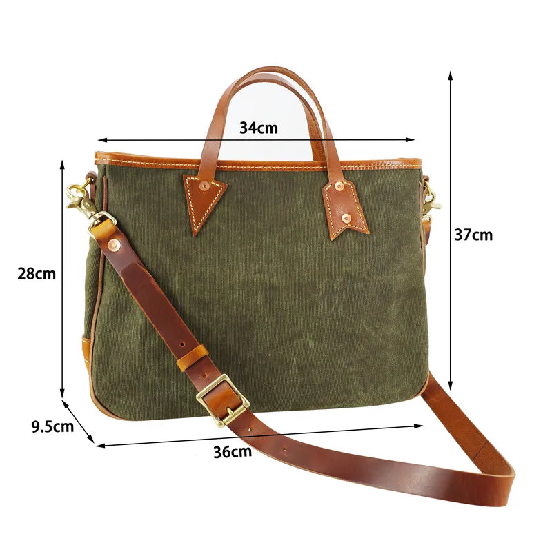 Simple designer handmade thick canvas cow leather men women's handbags outdoor daily work travel large-capacity messenger bag