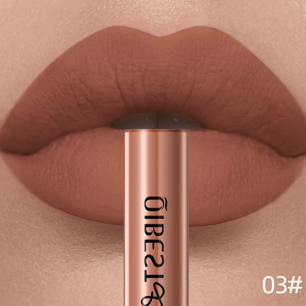 QIBEST velvet matte liquid lipstick in shade 03, a long-lasting, nonstick terracotta nude lip makeup for women.