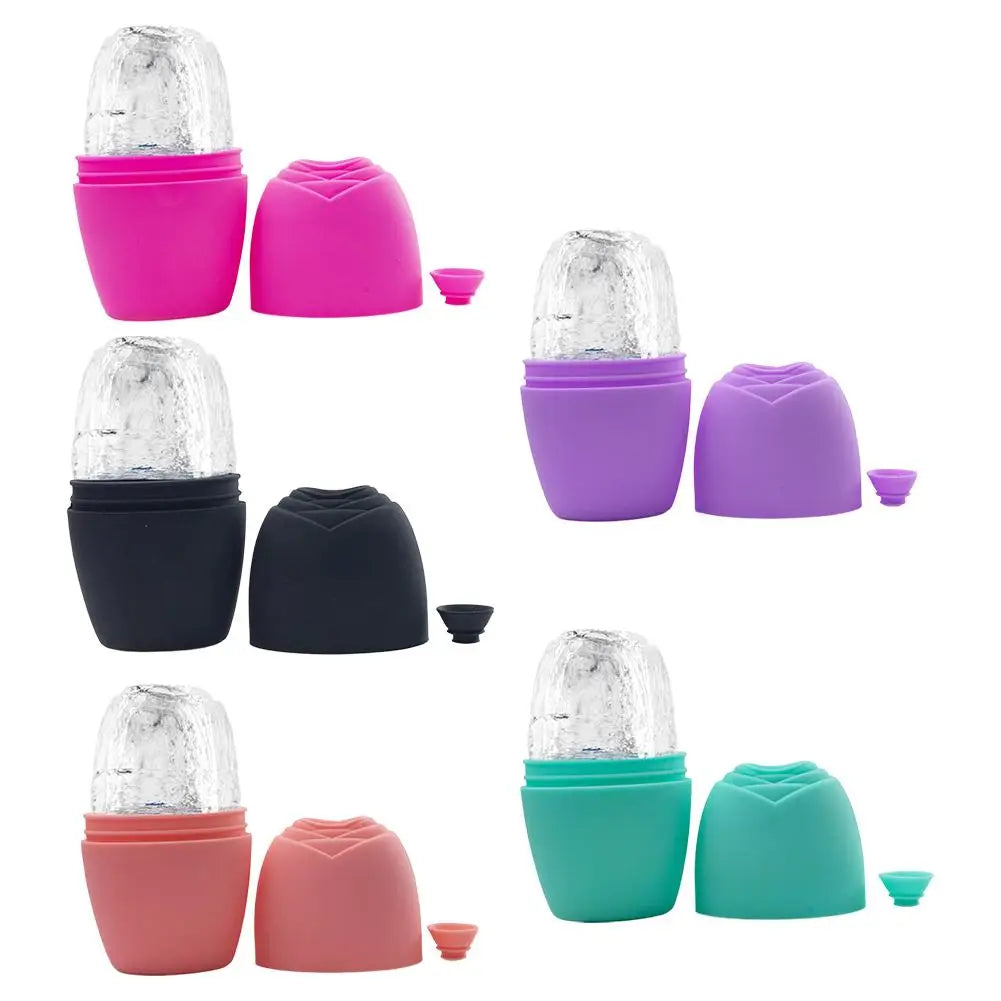 Set of five colorful silicone facial ice roller molds, each with a cap and frozen ice insert, shown against white.