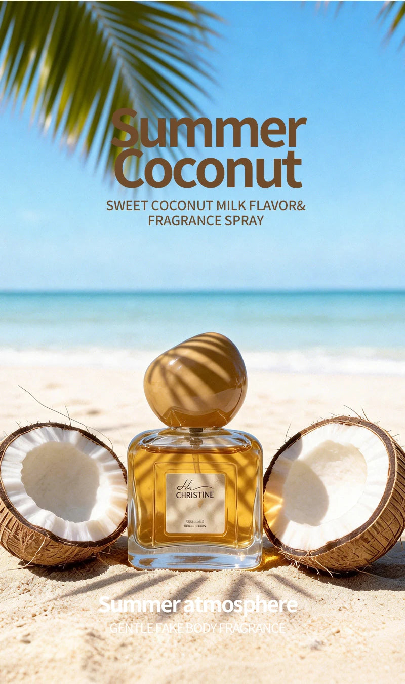 Christine Summer Coconut women’s fragrance, citrus-vanilla scent in a square glass bottle with round gold cap.