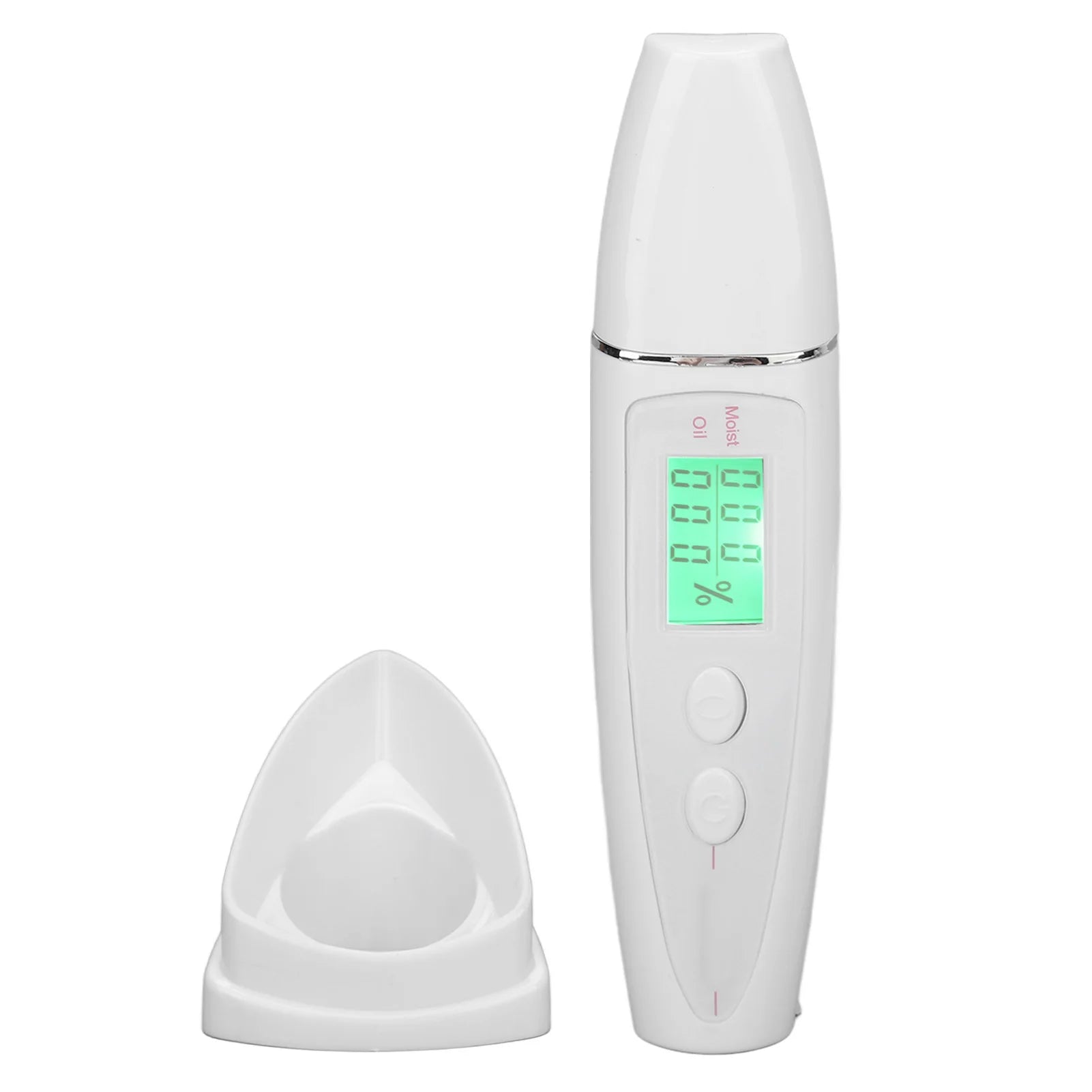 Portable white digital facial skin analyzer pen with smart LCD display screen for testing skin moisture and oil levels.