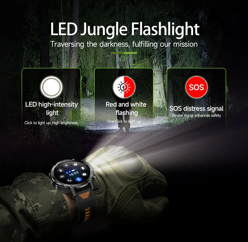 New Military ULtra 1400mAh Huge Battery SmartWatch Two Flashlight 10ATMan Waterproof HD Call 1.73“ 100+Sports Smart watch Man