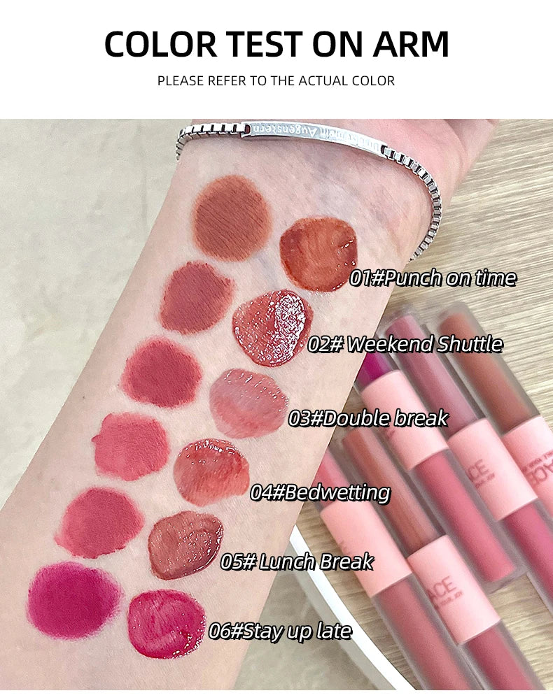 CACE double-head lip glaze swatches: matte lip mud and mirror water gloss shades from soft nude to bold red.