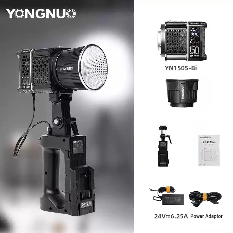 YN150S-Bi portable LED studio light with handle, reflector, battery mount, power adapter, and cables.
