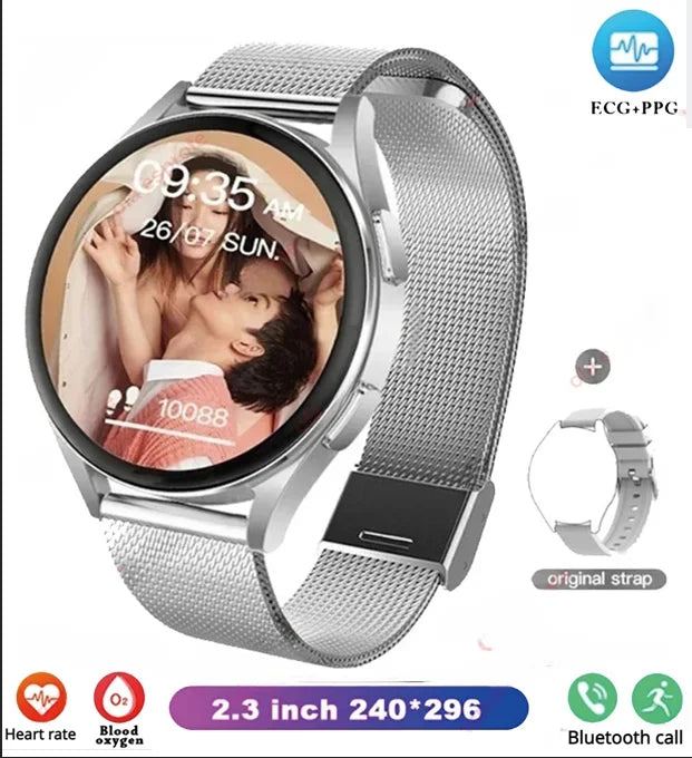 Bluetooth smart watch with silver mesh strap and round screen with heart-rate style display