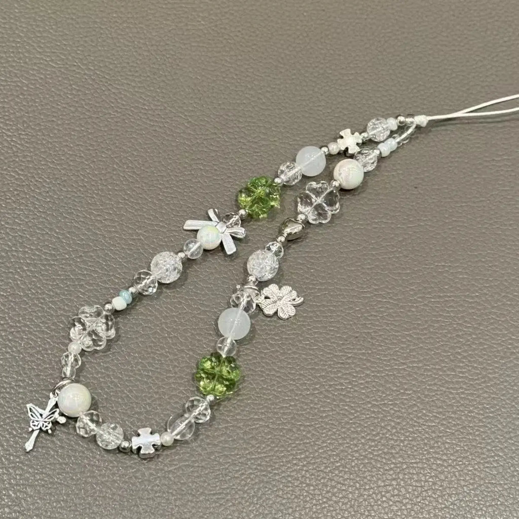 Korean Cute Green Clear Lucky XYun Beaded Keychain Phone Charm Chain Strap Pendant For Phone Accessories Bag Hanging Cord Gift