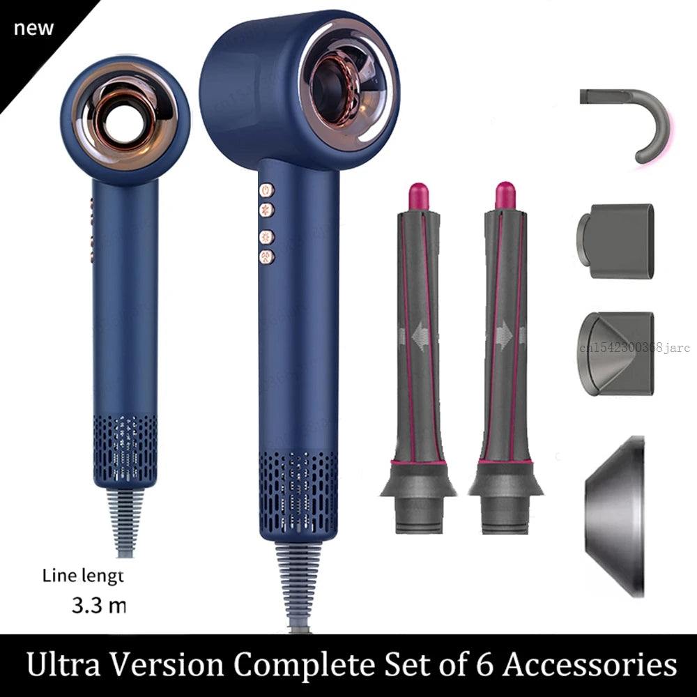 Blue professional leafless hair dryer set with negative ion tech, 6 styling attachments, and 3.3m cord for salon use.