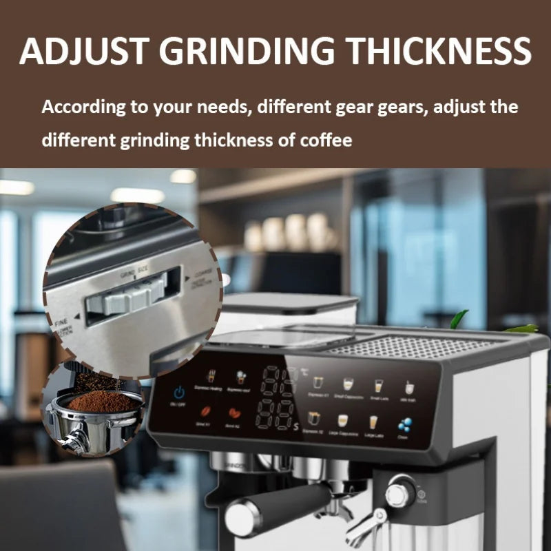 Stainless steel espresso coffee machine with adjustable grind size settings, digital display, and portafilter.
