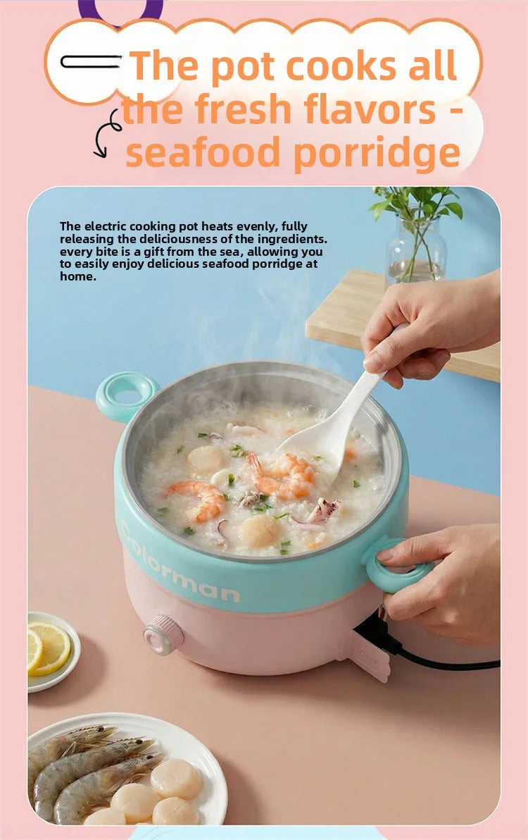 Pink and teal electric cooking pot with lid and dual handles, seafood inside