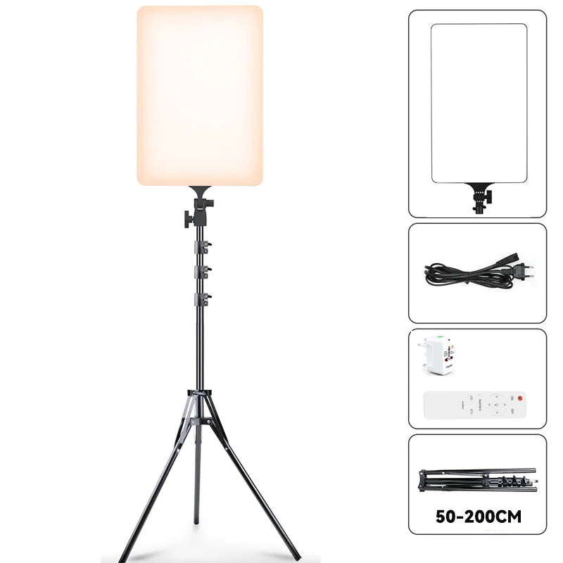 LED panel light on an adjustable 50-200cm tripod stand with power cord, remote control, and plug adapter.