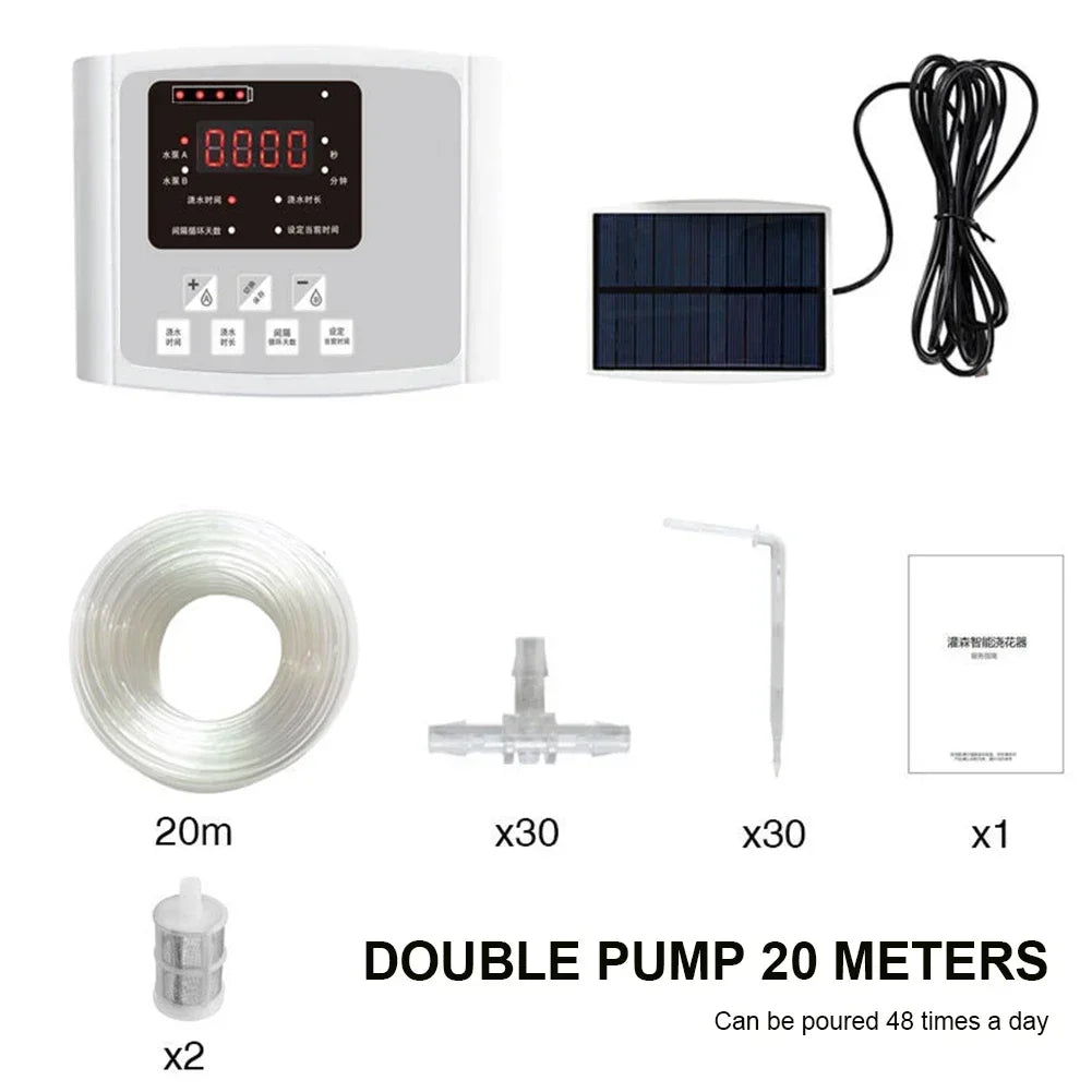 Solar Auto Drip Irrigation Kit Dual Water Pump Smart Watering Controller Outdoor Automatic Irrigation System for Yard Balcony Potted Plants & Home Flower Cultivation