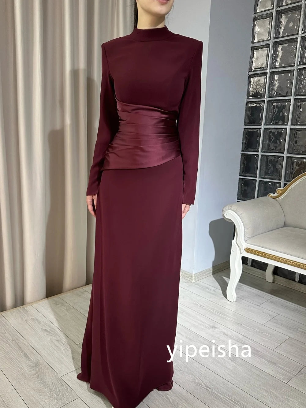 Customized Formal Jersey Pleat Straight High Collar Long Dresses Prom   Quality Chinese Style Fashion Simple Classic
