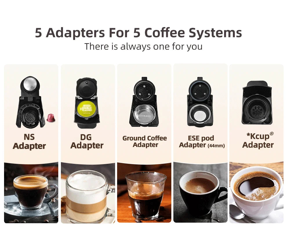 5-in-1 black coffee maker adapters for NS, DG, ground coffee, ESE pods, and K-cup systems with brewing examples.