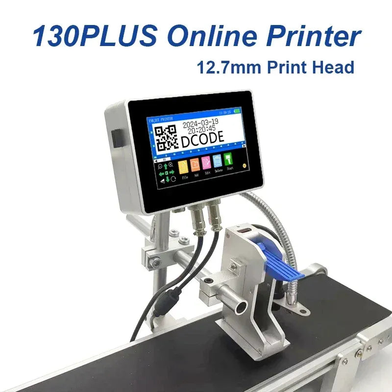 Industrial online inkjet printer with touchscreen display, QR code, and adjustable print head
