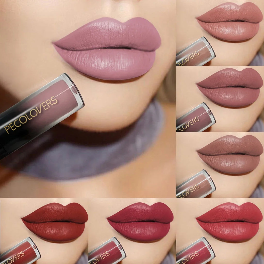 Velvet moisturizing liquid lipstick collection featuring long-lasting, waterproof, non-stick matte colors on lips.