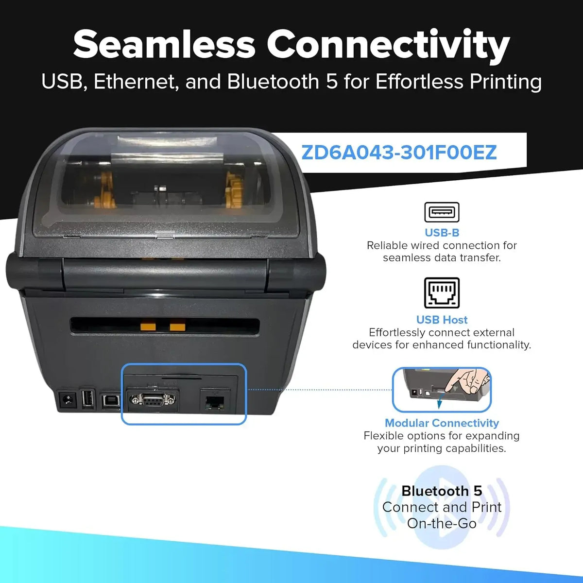 Desktop thermal label printer with open top and front panel connectivity ports