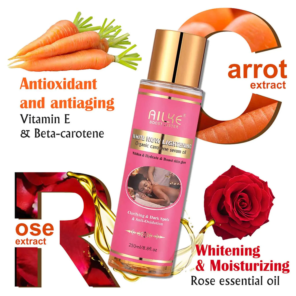 AILKE Carrot and Rose Organic Serum for dark spots, acne, and skin brightening in a cylindrical gold-cap bottle.